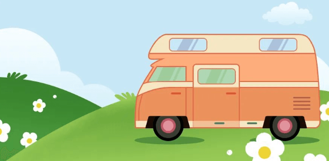 A cartoon-style orange camper van is parked on green rolling hills with white flowers under a blue sky with clouds.