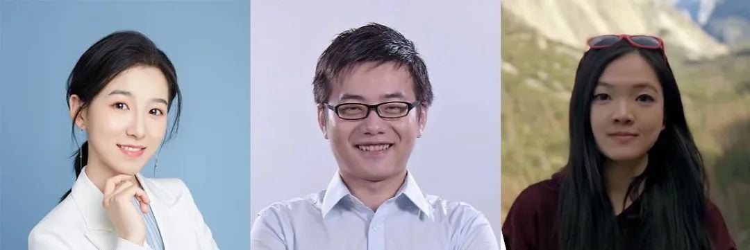 三位人物肖像:一位穿白西装的女士,一位戴眼镜的男士,和一位戴墨镜的女士。