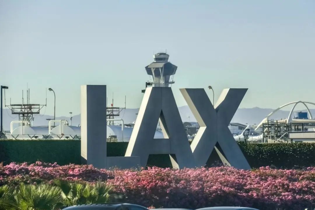 巨大的“LAX”标志,背景是机场控制塔,前景是粉色花朵和绿色灌木。