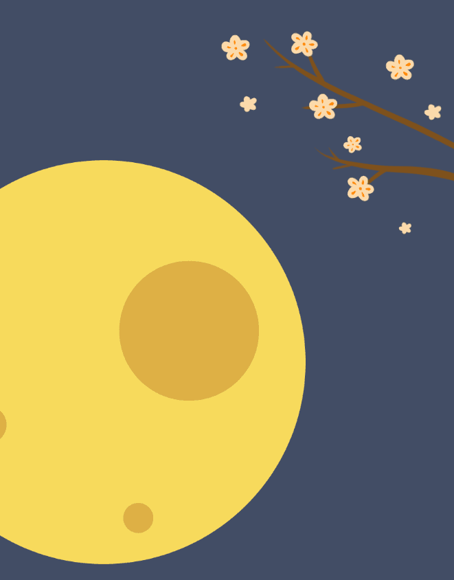 Yellow full moon with craters and a tree branch with white flowers against a dark sky.