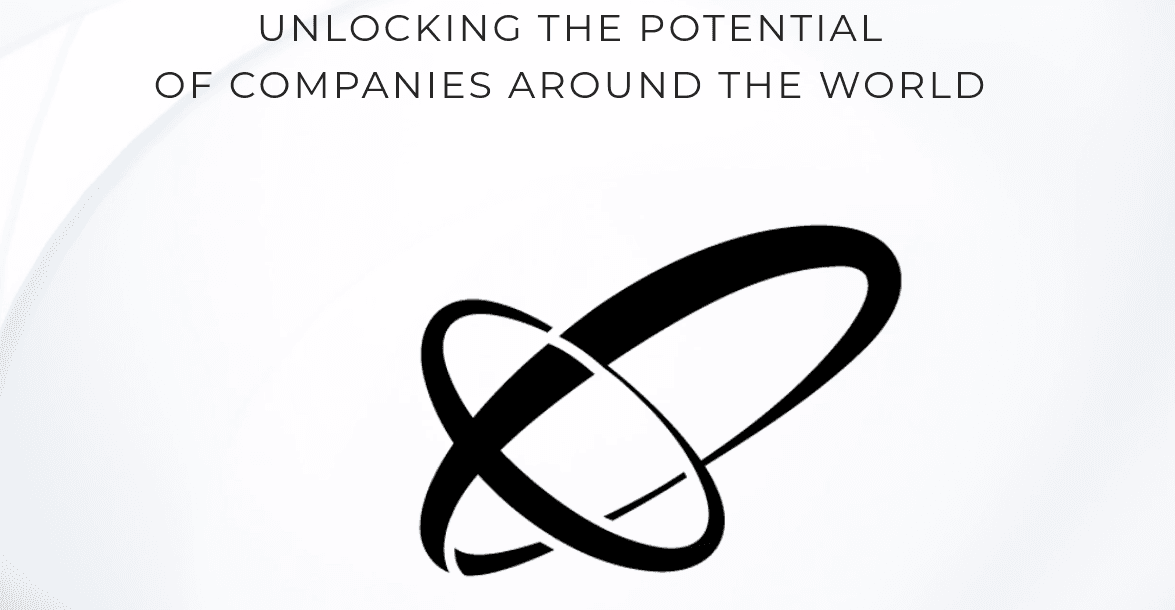 Black text "UNLOCKING THE POTENTIAL OF COMPANIES AROUND THE WORLD" above a black abstract logo of two intersecting ovals on a white background.