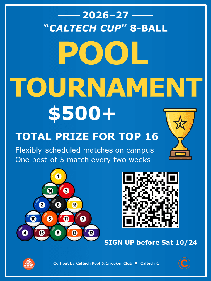 2026–27 Caltech Cup 8-ball 台球赛海报:总奖池 $500+,前 16 名有奖,10/24 前报名