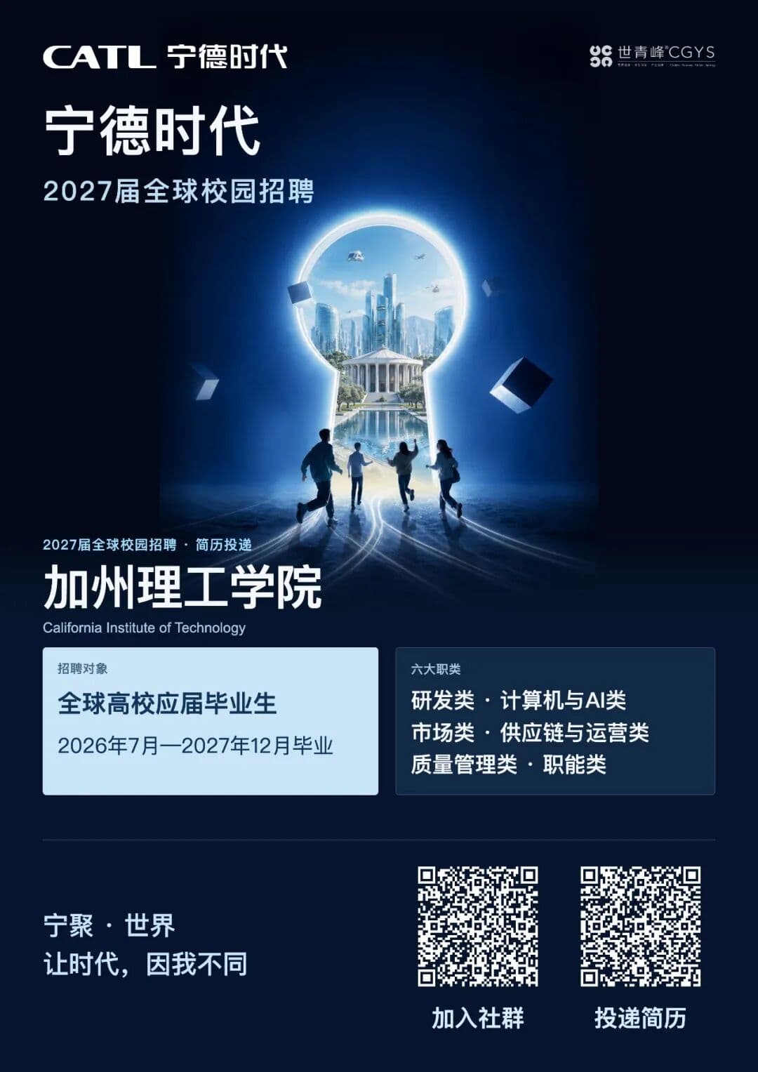宁德时代 2027 届全球校园招聘 · 加州理工学院专属通道海报,含“加入社群”与“投递简历”二维码