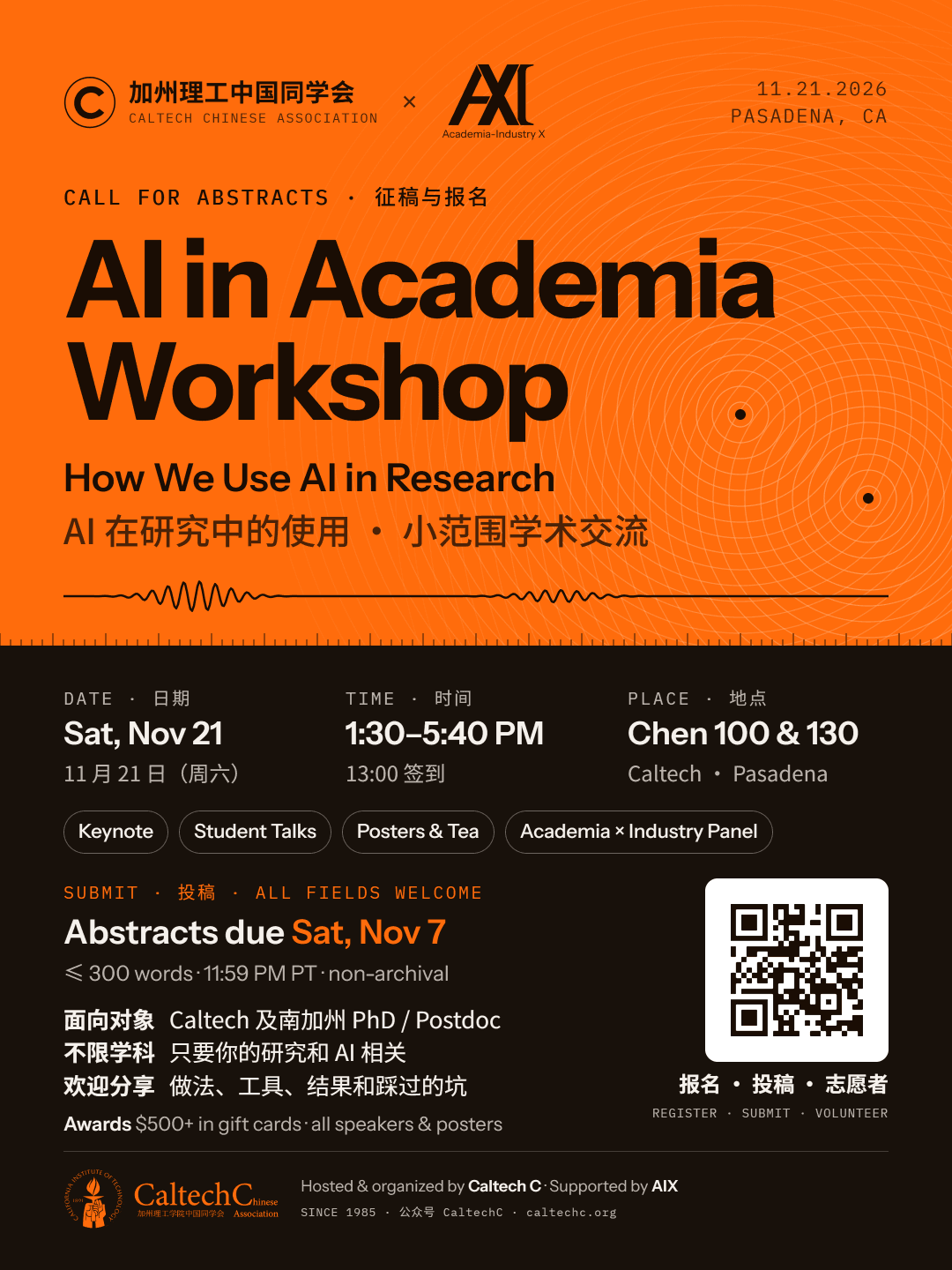 AI in Academia Workshop 海报:11 月 21 日(周六)1:30–5:40 PM,Caltech Chen 100 & 130,摘要 11 月 7 日截止